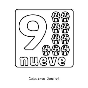 Desenho para colorir do número 9 com objetos para aprender a contar