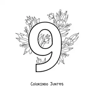 Desenho para colorir do número 9 decorado com flores