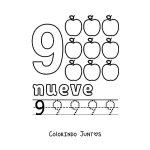 Desenho para colorir do número 9 com objetos para aprender a contar e traçar