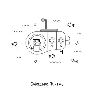 Desenho para colorir de um menino dentro de um submarino