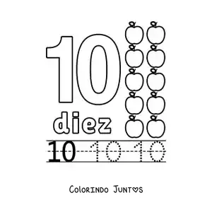 Desenho para colorir do número 10 com objetos para aprender a contar e traçar