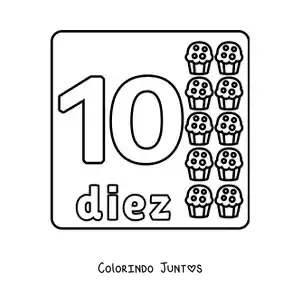 Desenho para colorir do número 10 com objetos para aprender a contar