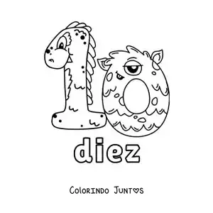 Desenho para colorir do número 10 em forma de monstro animado de Halloween