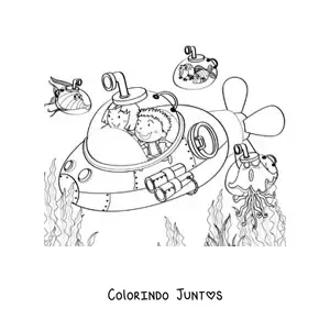Desenho para colorir de duas criancas dentro de um submarino com peixes animados