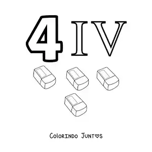 Desenho para colorir de ficha do 4 em algarismos romanos com desenhos animados