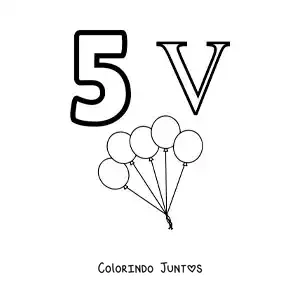 Desenho para colorir de ficha do 5 em algarismos romanos com desenhos animados