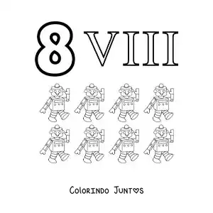 Desenho para colorir de ficha do 8 em algarismos romanos com desenhos animados