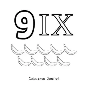 Desenho para colorir de ficha do 9 em algarismos romanos com desenhos animados