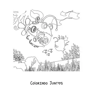 Desenho para colorir de duas criancas em um submarino em forma de peixe no fundo do mar