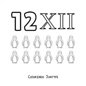 Desenho para colorir de ficha do 12 em algarismos romanos com desenhos animados