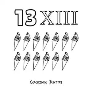 Desenho para colorir de ficha do 13 em algarismos romanos com desenhos animados