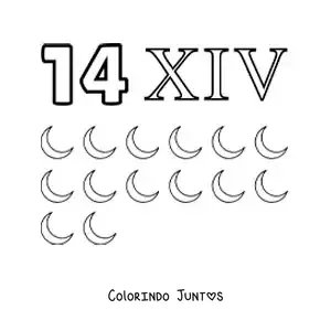 Desenho para colorir de ficha do 14 em algarismos romanos com desenhos animados