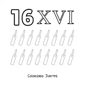 Desenho para colorir de ficha do 16 em algarismos romanos com desenhos animados