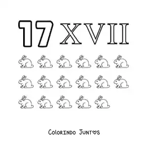 Desenho para colorir de ficha do 17 em algarismos romanos com desenhos animados