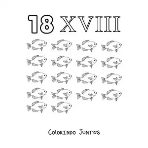 Desenho para colorir de ficha do 18 em algarismos romanos com desenhos animados