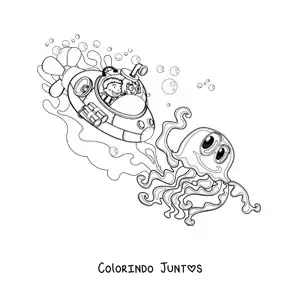 Desenho para colorir de um polvo animado e duas criancas em um submarino