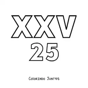 Desenho para colorir de ficha do 25 em algarismos romanos com desenhos animados