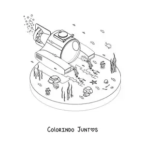 Desenho para colorir de um submarino cientifico no fundo do mar junto a algas e peixes
