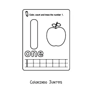 Desenho para colorir de ficha para aprender o numero 1 em ingles com frutas