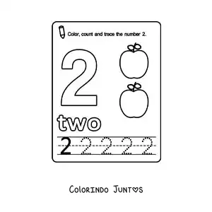 Desenho para colorir de ficha para aprender o numero 2 em ingles com frutas