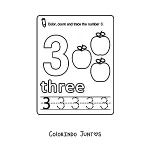 Desenho para colorir de ficha para aprender o numero 3 em ingles com frutas
