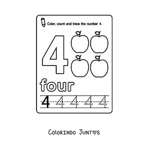 Desenho para colorir de ficha para aprender o numero 4 em ingles com frutas