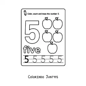 Desenho para colorir de ficha para aprender o numero 5 em ingles com frutas
