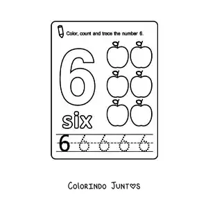 Desenho para colorir de ficha para aprender o numero 6 em ingles com frutas