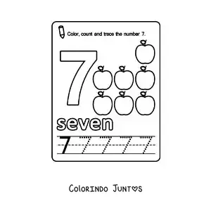Desenho para colorir de ficha para aprender o numero 7 em ingles com frutas
