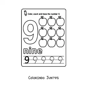 Desenho para colorir de ficha para aprender o numero 9 em ingles com frutas