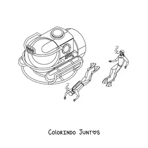 Desenho para colorir de dois mergulhadores junto a um submarino