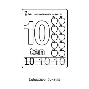 Desenho para colorir de ficha para aprender o numero 10 em ingles com frutas