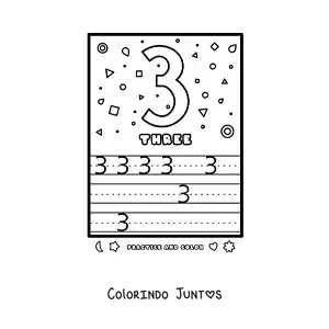 Desenho para colorir de atividade para aprender o numero 3 em ingles