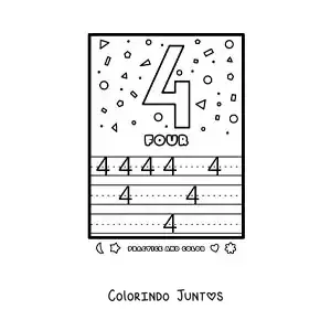 Desenho para colorir de atividade para aprender o numero 4 em ingles