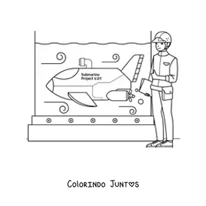 Desenho para colorir de um engenheiro naval testando um submarino