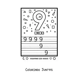 Desenho para colorir de atividade para aprender o numero 9 em ingles
