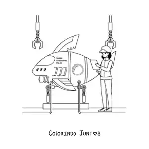 Desenho para colorir de uma engenheira naval construindo um submarino