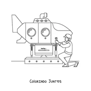 Desenho para colorir de um engenheiro naval consertando um submarino