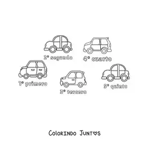 Desenho para colorir de uma corrida de carros com os numeros ordinais de 1 a 5 para criancas