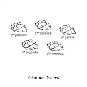 Desenho para colorir de uma corrida de cachorros com os numeros ordinais de 1 a 5 para criancas