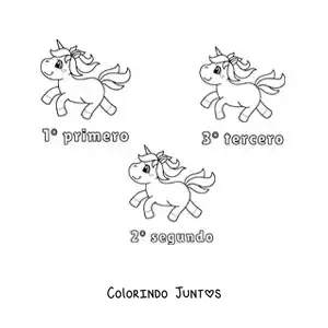 Desenho para colorir de uma corrida de unicornios com os numeros ordinais de 1 a 3 para criancas