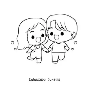 Desenho para colorir de casal de namorados chibi de maos dadas