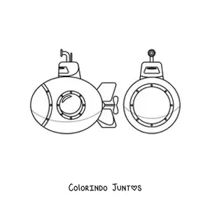 Desenho para colorir da vista frontal e lateral de um submarino espiao com periscopio