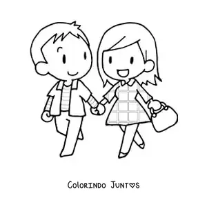 Desenho para colorir de casal de namorados caminhando de maos dadas