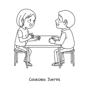 Desenho para colorir de casal de namorados sentados conversando em um restaurante