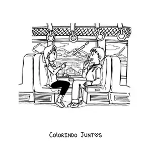 Desenho para colorir de casal de namorados sentados conversando em um trem