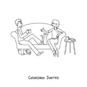 Desenho para colorir de casal de namorados em casa com animais de estimacao