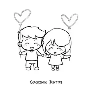 Desenho para colorir de casal de namorados de maos dadas com coracoes