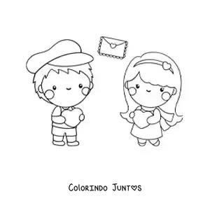 Desenho para colorir de casal apaixonado com cartas de amor