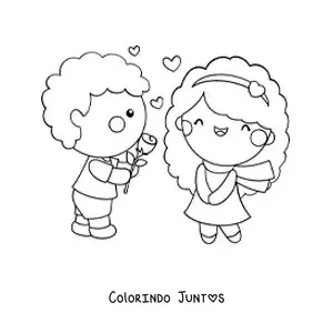 Desenho para colorir de menino dando uma rosa para a amada